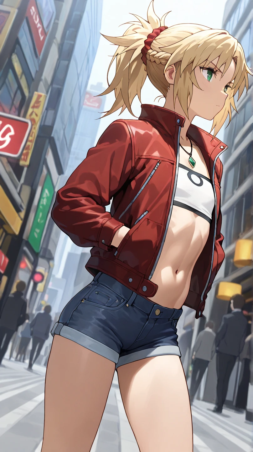 fgomordred
High quality ,  top quality , masterpiece,  high res, detailed face , anatomically correct , 
In the city,
 green eyes,Blonde,  ponytail,  short hair, scrunchie,  red scrunchy ,  Hair Scrunchy,  flat chest,Slightly toned body
Put your hands in your pockets
short denim, デニム  shorts,  jacket, gem, midriff, belly button,  necklace, red  jacket, short  shorts,  shorts,  tube top , white top,solo,  1 girl,  from your hand and direct your gaze, 