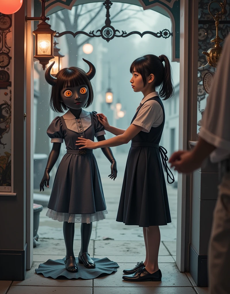 ultra-realistic, photorealistic, dramatic scene, shadow, global-illumination, solo, (20 years old beautiful Japanese girl), very beautiful fragile Japanese girl, very beautiful with very cute face, (Department store clerk, detailed face skin texture), (wearing a clerk's uniform with frills), hat, simple black pumps, She is in a show window of the clock shop facing the street and dressing a large cute anime-devil mannequin, a cute devil mannequin\(dark black devil, very cute, black face, big eyes, large circle eyes, black skin, evil smile, orange eyes, vivid orange eyes, dark black skin, looking down, wearing pastel colored gorgeous antique maid costume\(big, long, Tattered\), full body, standing in the display window\), there are many kind of antique clocks and Japanese traditional antique furnishings are displayed in the display window, Shoppers passing by on the street, in winter, snowing