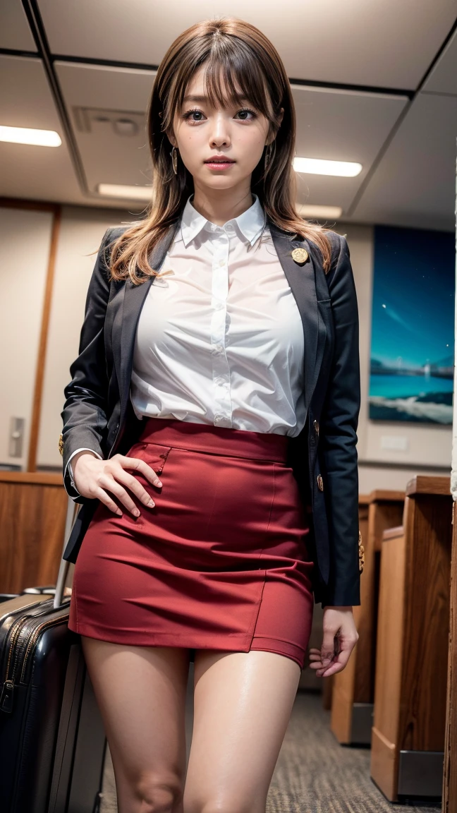 A beautiful, 24-year-old Japanese woman with perfect anatomy, healthy thighs, beautiful legs, beautiful skin, random hair color and style, large breasts, (wearing a flight attendant uniform with a mini-skirt:1.3), (she is standing:1.2), full body shot, pumps, carrying a suitcase, at the airport, (best quality,4k,8k,highres,masterpiece:1.3),(extremely detailed:1.2),realistic,photorealistic,photo-realistic:1.37,professional,vivid colors, studio lighting, Kyoko Fukada