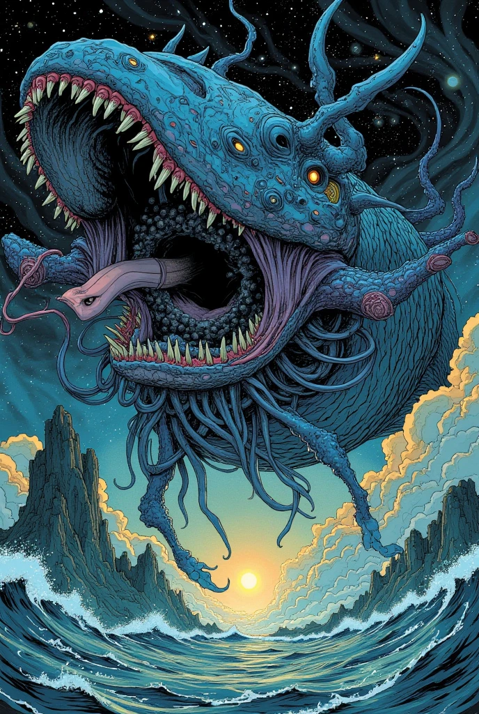  Comic Book Panels 。 There are many types of sea monsters in this picture,  Lovecraft Illustrations , Lovecraft Art , HP Lovecraft Style , Space and ocean horror illustration ,  lovecraftian Inspiration ,  Mixed Venom and Cthulhu , Lovecraft Backgrounds ,  Lovecraft Cosmic Fear , 怖い detail カラーのアート ,  Lovecraft Myths , Inspired by Lovecraft,  Lovecraft Horror , anatomically correct ,  very detailed,  detail , 