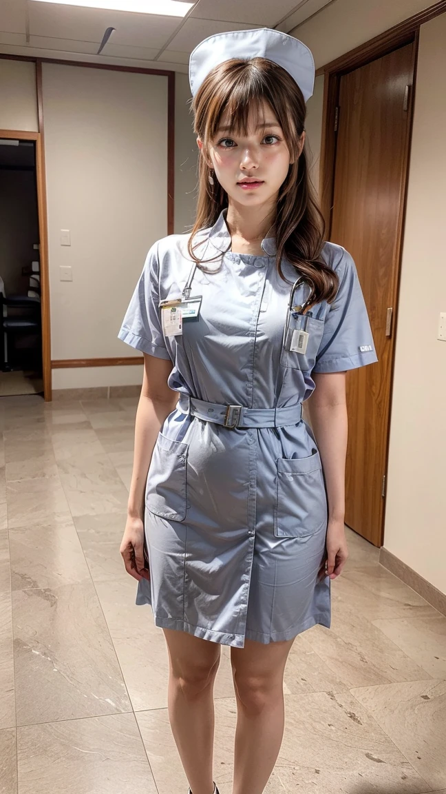 a beautiful young 24-year-old Japanese woman, beautiful, detailed anatomy, beautiful skin, random hair color and hairstyle, big breasts, nurse hat, (nurse uniform:1.3), nurse cap, (she is standing:1.2), full body shot, high heels, hospital, (best quality,8k, masterpiece:1.3), (extremely detailed:1.2), Kyoko Fukada