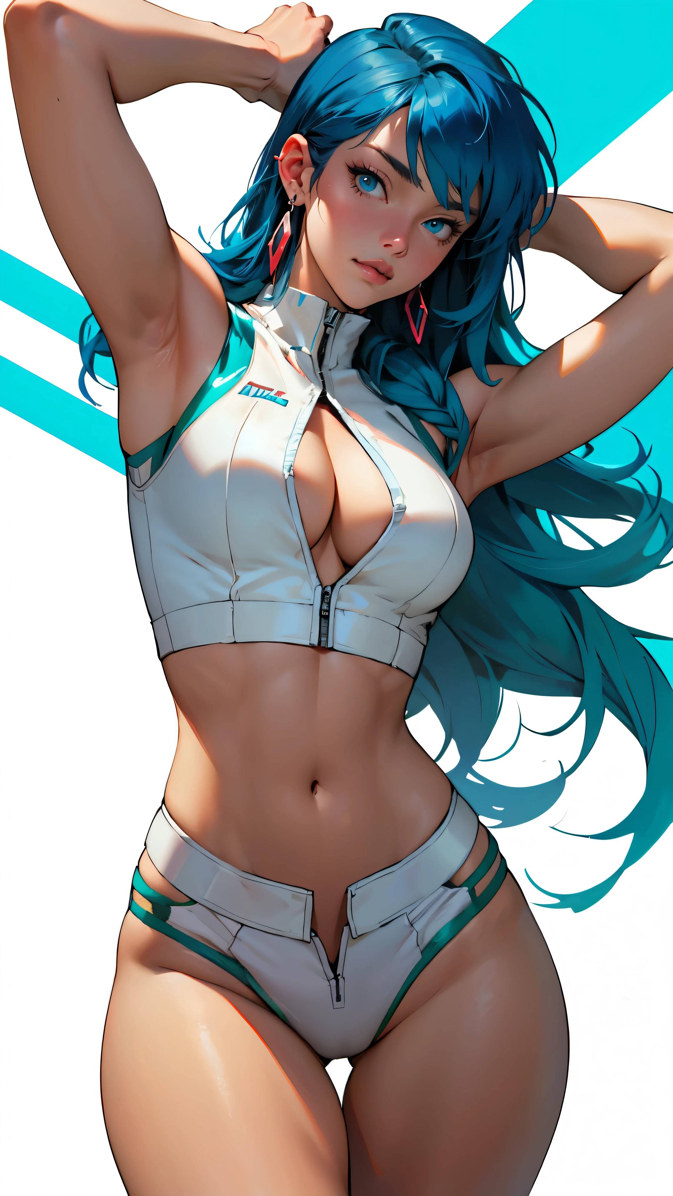 ((Masterpiece, highest quality; 1.3)), super quality, beautiful detail, super detailed, extra fine, 16K, exquisite, absurd, high resolution, beautiful background, detailed background, beautiful eyes, beautiful skin, anime style, dirtypairyuri, Dirty Pair Yuri in a skimpy white outfit, long blue hair, blue eyes, earrings, white uniform, white crop top, cutout, sleeveless, wearing tight clothing, skimpy, (breasts: 1.2), cleavage, cleavage, , obliques, fit arms, slim waist, ((wide hips)), fit thighs, (thigh gap), showing stomach, (skinny frame), wide hips, cyberpunk city background, holding a retro space gun