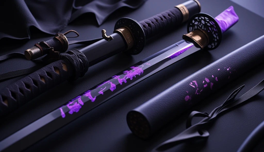 Realistic, theme is "a Japanese sword made of obsidian and a beautiful sheath", black-purple handle, intricately decorated disc-shaped tsuba, obsidian blade is 90cm long, black blade has the text "Acala" written in purple kanji, sophisticated design, advanced lighting technology, live-action photo 8K quality