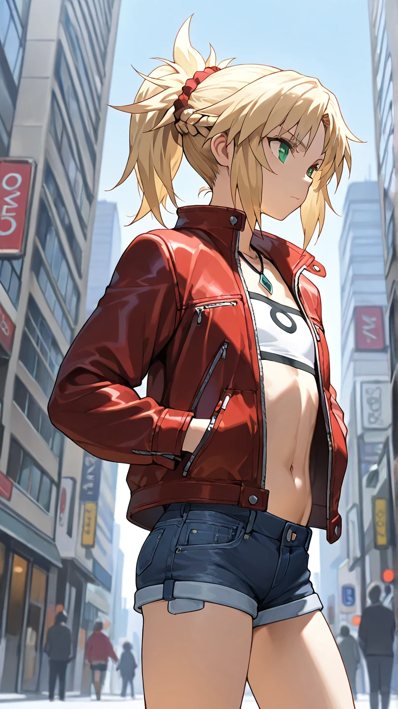 fgomordred
High quality ,  top quality , masterpiece,  high res, detailed face , anatomically correct , 
In the city,
 green eyes,Blonde,  ponytail,  short hair, scrunchie,  red scrunchy ,  Hair Scrunchy,  flat chest,Slightly toned body
Put your hands in your pockets
short denim, デニム  shorts,  jacket, gem, midriff, belly button,  necklace, red  jacket, short  shorts,  shorts,  tube top , white top,solo,  1 girl,  from your hand and direct your gaze, 