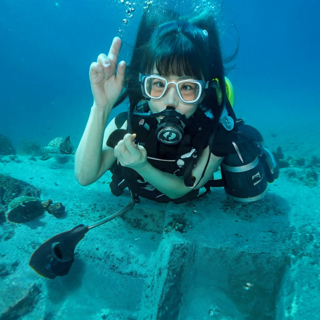 A Japanese  girl is sitting underwater in a diving pool breathing while holding the scuba regulator mouthpiece and releasing bubbles without wearing a mask