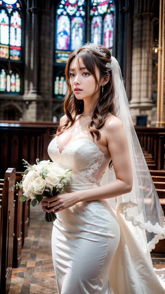 A beautiful young Japanese woman, 26 years old, with healthy thighs, beautiful legs, flawless skin, random hair color and style, large breasts, wearing a (wedding dress:1.3), (she is standing:1.2), full body shot, high heels, holding a bouquet in her hands, in a church setting, (best quality,8k, masterpiece:1.3), (extremely detailed:1.2), perfect anatomy, Kyoko Fukada