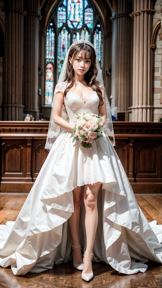 A beautiful young Japanese woman, 26 years old, with healthy thighs, beautiful legs, flawless skin, random hair color and style, large breasts, wearing a (wedding dress:1.3), (she is standing:1.2), full body shot, high heels, holding a bouquet in her hands, in a church setting, (best quality,8k, masterpiece:1.3), (extremely detailed:1.2), perfect anatomy, Kyoko Fukada