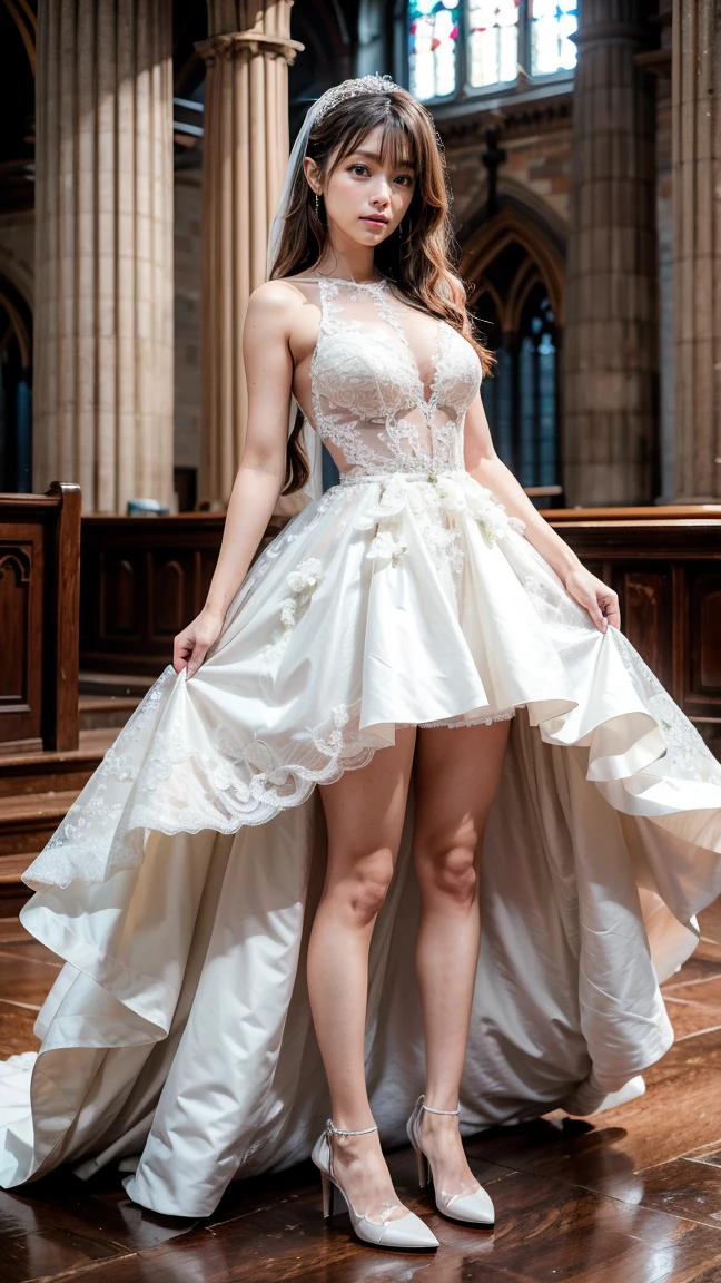 A beautiful young Japanese woman, 26 years old, with healthy thighs, beautiful legs, flawless skin, random hair color and style, large breasts, wearing a (wedding dress:1.3), (she is standing:1.2), full body shot, high heels, holding a bouquet in her hands, in a church setting, (best quality,8k, masterpiece:1.3), (extremely detailed:1.2), perfect anatomy, Kyoko Fukada