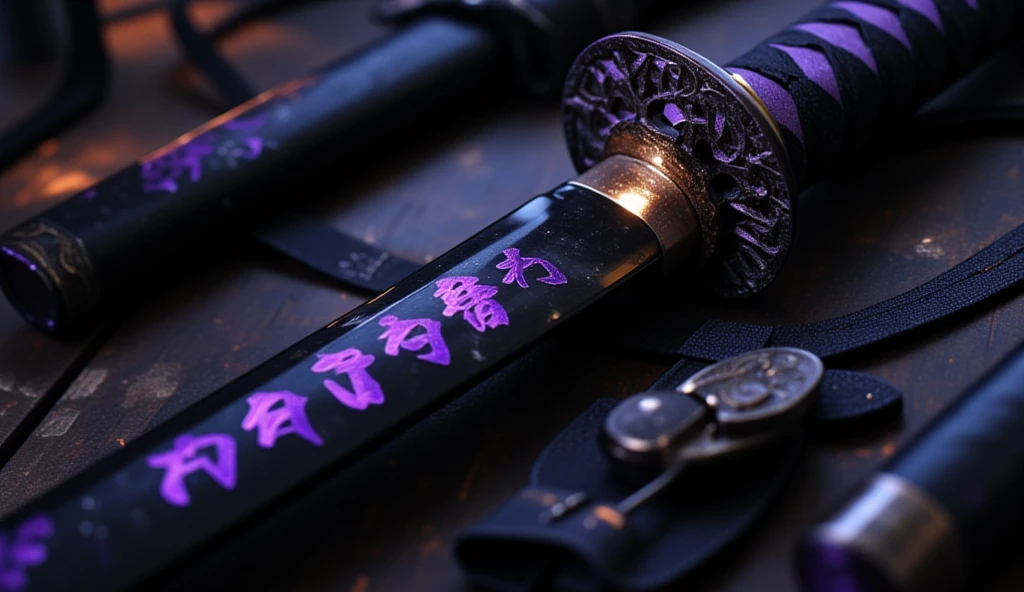 Realistic, theme is "a Japanese sword made of obsidian and a sheath with intricate workmanship", black-purple handle, intricately decorated disc-shaped tsuba, obsidian blade is 90cm long, black blade has blade pattern and six purple kanji characters, sophisticated design, advanced lighting technology, live-action photo 8K quality