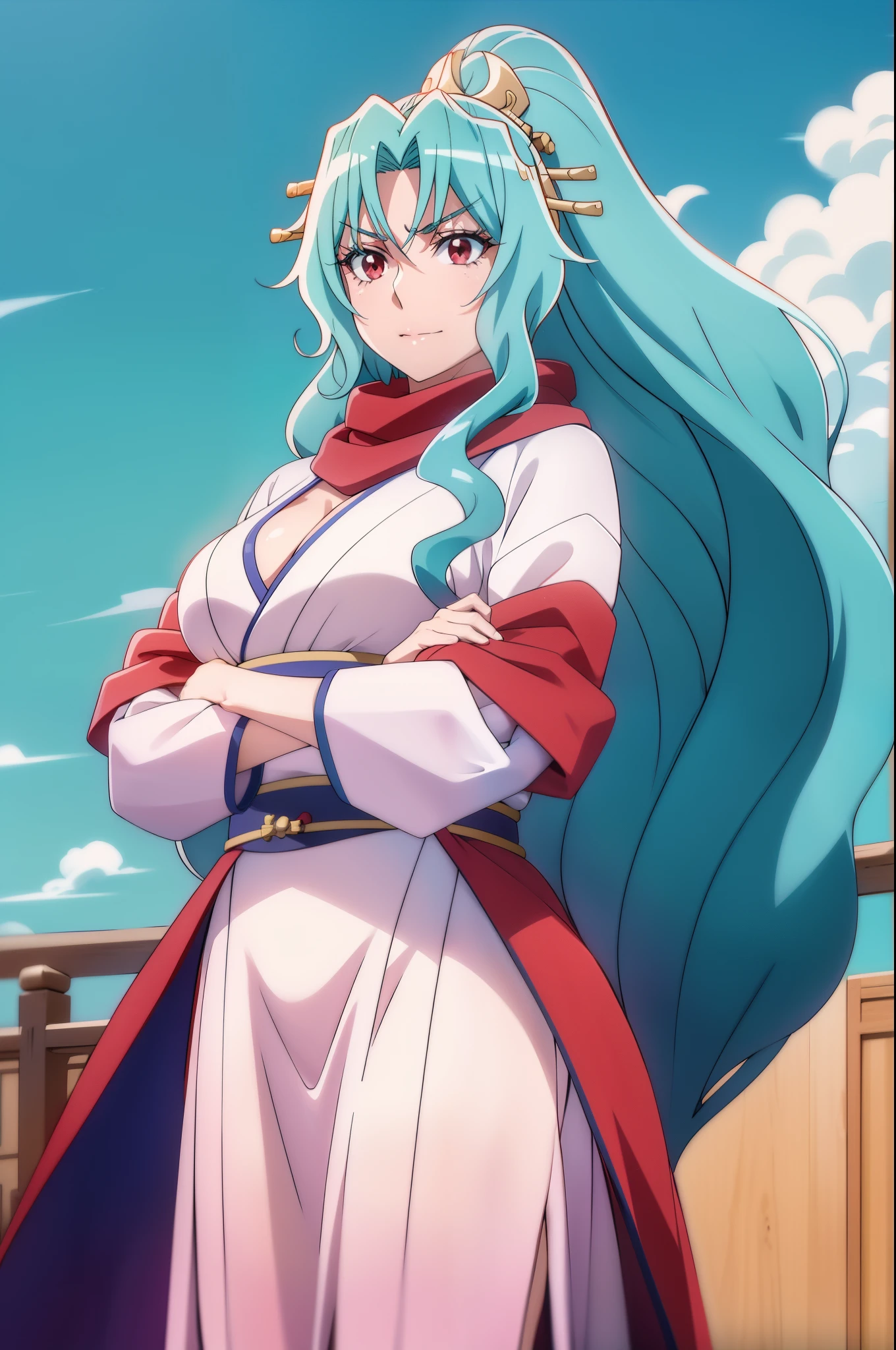 "1 young woman with crimson red eyes, long silky light blue hair, light pink samurai clothing, and a 7th red torn scarf on her neck. She has a calm expression on her face and arms crossed, with a katana resting at her side. Her figure is naturally proportioned, with a balanced, realistic appearance. She exudes a quiet strength, capturing the essence of a samurai warrior."