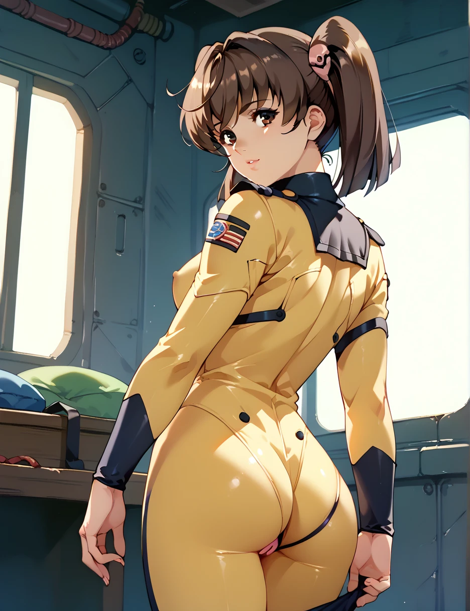 Misaki Yuria  |  Space Battleship Yamato 2199 、  standing 、( back shot :1.3,  twin tails、  bodysuit  、,  pussy  , Brown Hair , Growing your hair , ,  brown eyes ,、Heroine Brainwashing、