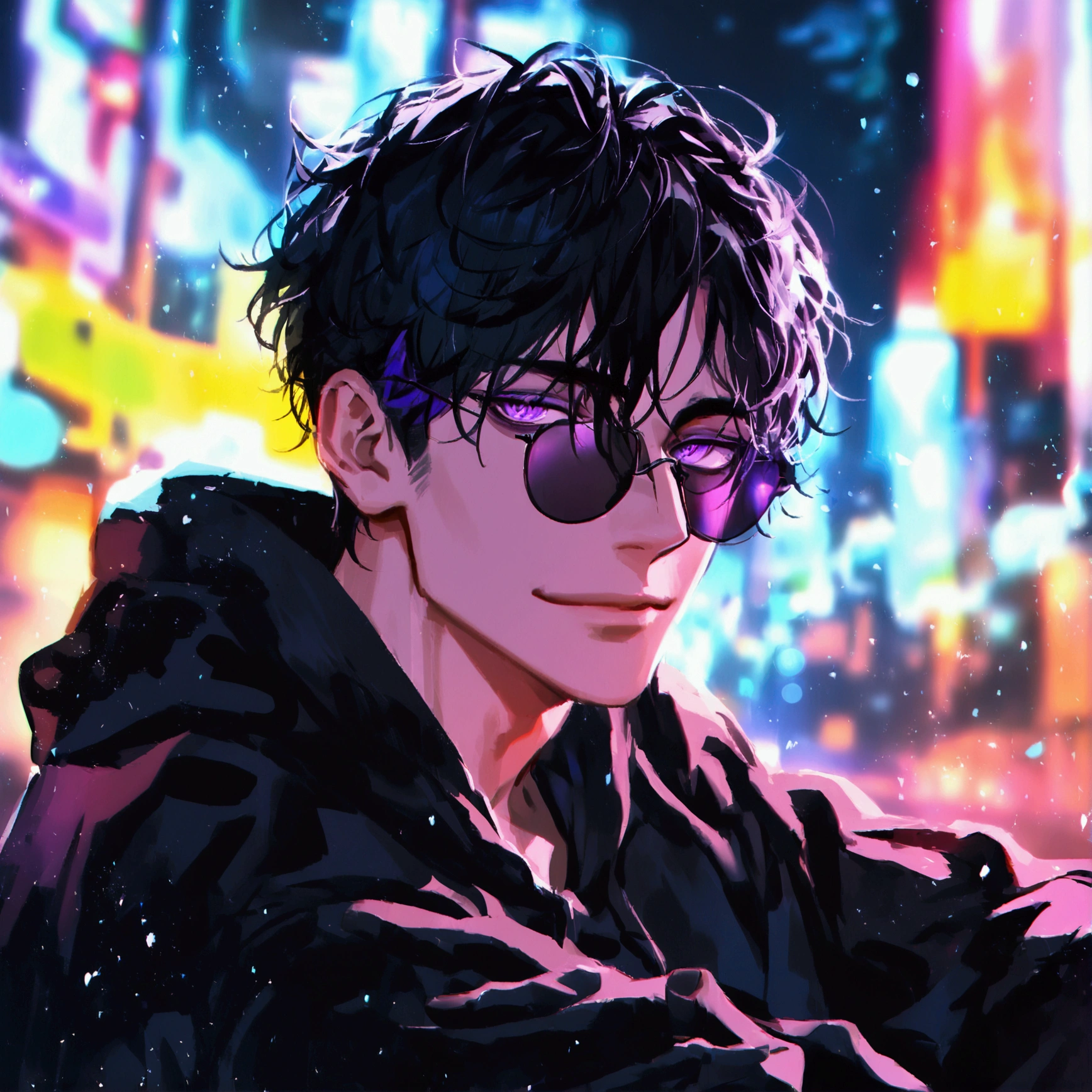 (solo), (1 male), (1 man), handsome men, (one man with black hair, purple eyes), short hair, messy hair, sunglasses,black oversized hoodie((masterpiece)), (dark background: 1.3), (stylish), dynamic angle, (detailed face, detailed eyes, proportional hands, proportional anatomy), sitting in a relaxed pose, sinister atmosphere, a nihilistic smile