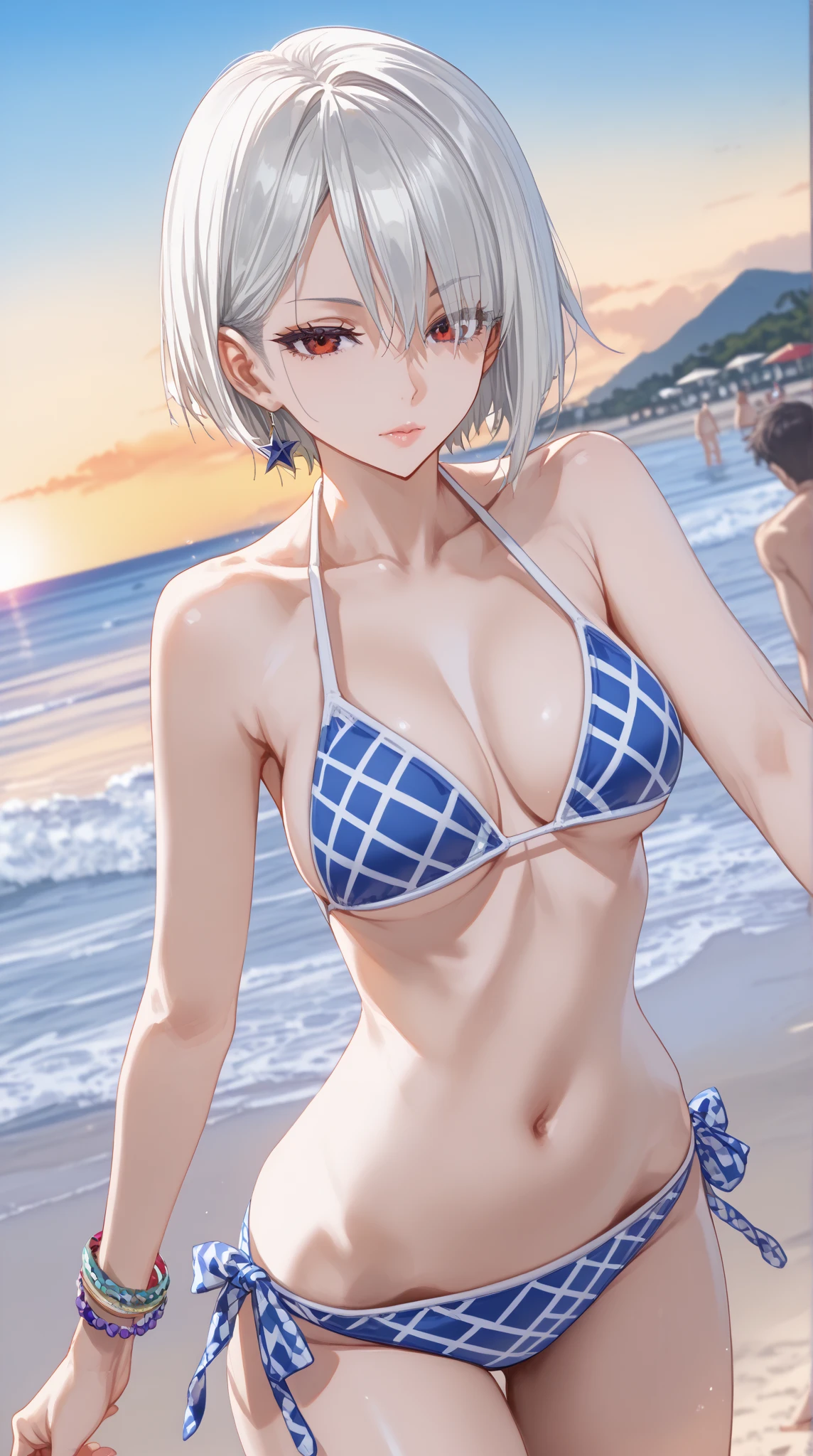 ( top quality :1.3), (masterpiece:1.3), (  illustration:1.3), (  super detailed :1.3),   Absurd,   1 girl, white hair, alone, big_Chest,   tall  ,   mature, Long front hair hiding one eye 、Wolf hair short cut hair , red_eyes, hair_ finished_one_eye,   Bikini, (Acheron_\(Collapse:_Star_rail\):0.9), tsurime, salon,   see-through_salon,     cowboy_shot, mid_shot,  outdoor,   Beach  ,  Summer, crowd, Dutch_angle, , A bewitching performance, belly button, Voluminous, white_  Bikini,   Bracelet  ,(( surrounded by many young men、 aerial perspective 、Focus only on girls、Background blur、Blur other than the subject))、 sexual assault