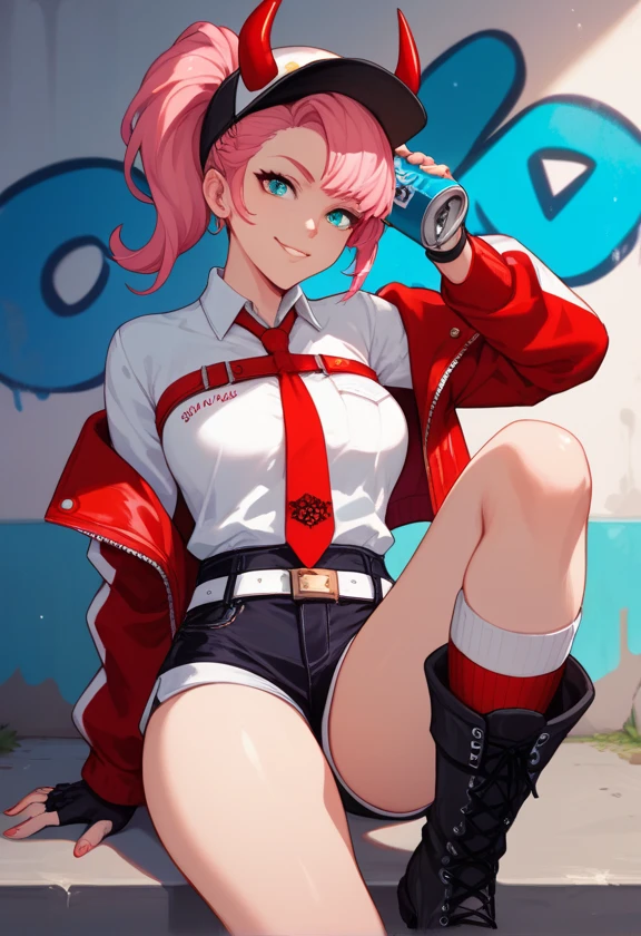 extra breasts, naked breasts, naked pussy, breasts are visible, vagina is visible, erotic, sexy, naughty face, smirk, looking at viewer, slim, curvy, blushing, Anime girl, janet brawl stars, solo, 1girl, pink hair, wears a blue helmet, ponytail, bangs, helmet, red gloves, white jacket with blue sleeves, cropped jacket, long sleeves, red shirt, blue short shorts, yellow belt, belt is yellow, boots, thigh boots, thighhighs, red footwear