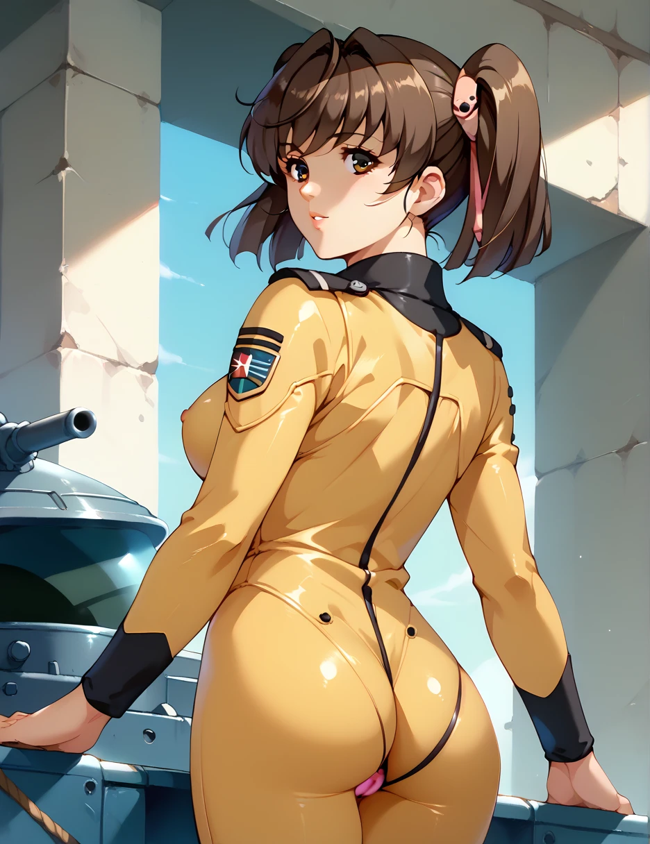 Misaki Yuria  |  Space Battleship Yamato 2199 、  standing 、( back shot :1.3,  twin tails、  bodysuit  、,  pussy  , Brown Hair , Growing your hair , ,  brown eyes ,、Heroine Brainwashing、