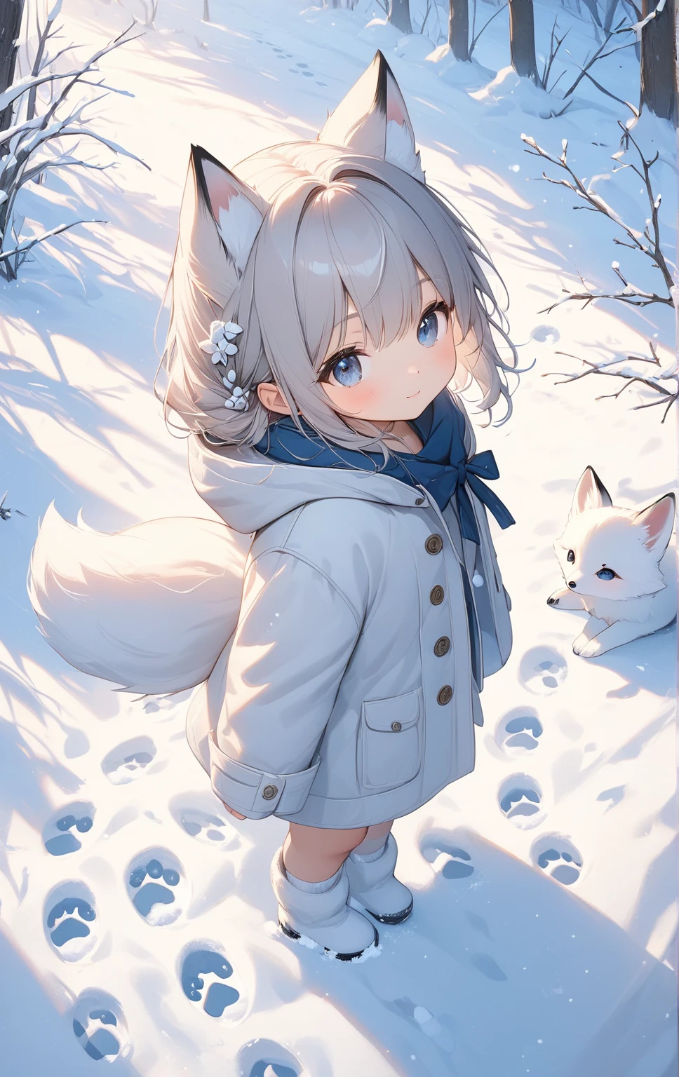 masterpiece , top quality, high res ,8k, Footprints of snow, white fox , cute,