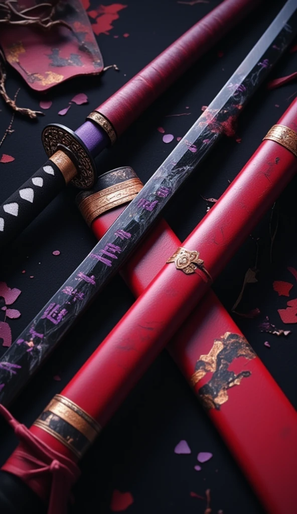 Realistic, theme is "a Japanese sword made of obsidian and a sheath with intricate craftsmanship", an old Japanese sword from the 1700s suitable for practical use, with a black-purple handle, a disc-shaped tsuba with intricate decoration, the length of the obsidian blade is 90cm, the black blade has a blade pattern and six purple kanji characters designed on it, the sheath is painted red and made of expensive matte material, sophisticated design, advanced lighting technology, real-life photo 8K quality