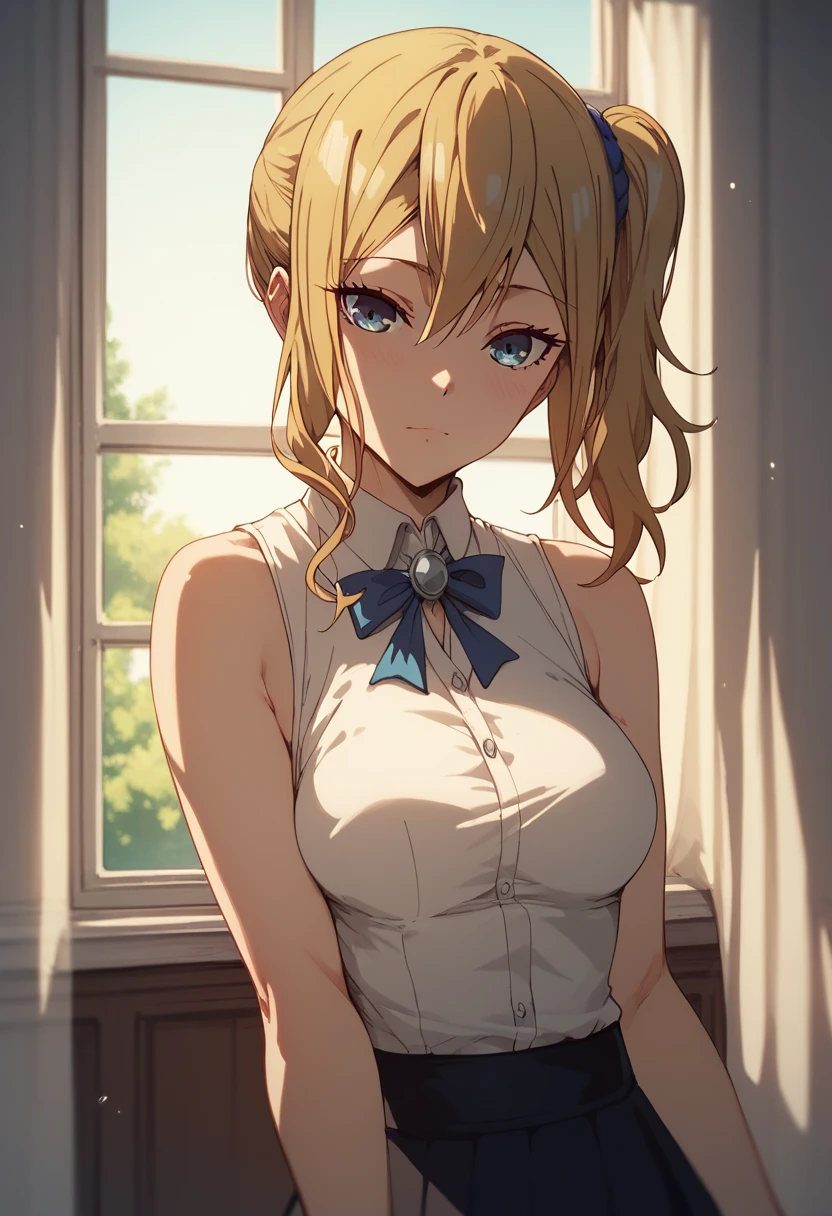 4k, (masterpiece), highest quality, 2D, ((NSFW)), ( anime schoolgirl), (unbuttoned shirt), (small breasts), nipple, long brown hair, blue eyes, smile, full height, clear eyes, black eyelashes, (Complex), dramatic, beautiful anime, Trending on CGsociety、(highest quality、masterpiece、High resolution、detailed)、(Shining eyes、detailed beautiful face)