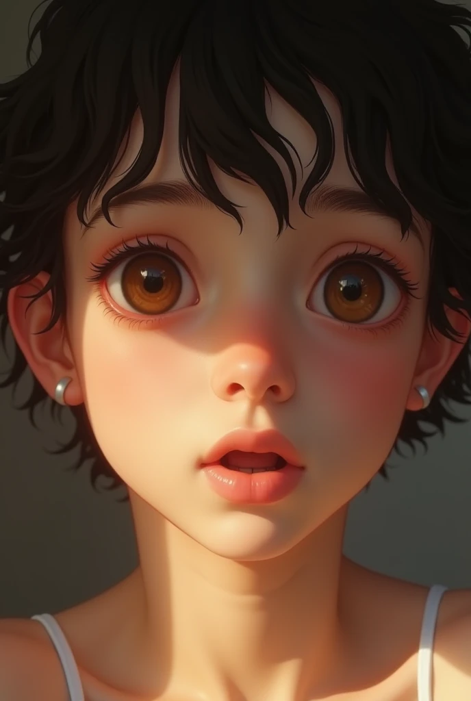 (high quality, realistic, portraits:1.2), (lighting: soft and warm), ????? girl, short black hair, embarrassed expression, beautiful detailed eyes, beautiful detailed lips, blush on cheeks, shy posture, natural lighting, soft skin texture