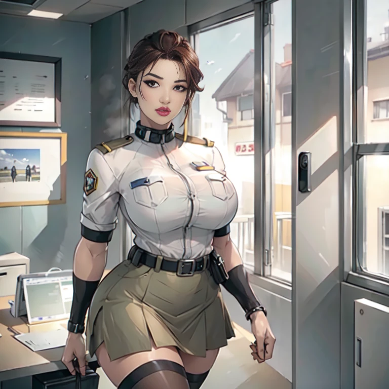 (best quality, highres, HDR:1.2), hair flaps, massive hair, ponytail hair, black hair, highly detailed face and body, beautiful skin, light blue eyes, perfect body, curvy, huge breasts, cleavage, mechanic, mechanic outfit, wear a cap, oil spill, tools