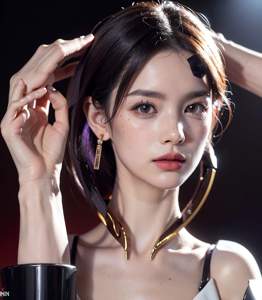 1 robot woman, android woman, 25 years old, Japanese, 4k, robotic joints, realistic, soft skin, texturized skin, long whavy black hair with bangs, purple fade hair, shiny red eyes, red eyeliners, shining red lips, natural makeup, freckles, round gold earings, metal cover, bitting her lip, morning lighting, bright colors, looking directly to the viewer, shoulders up, face focus, portrait.