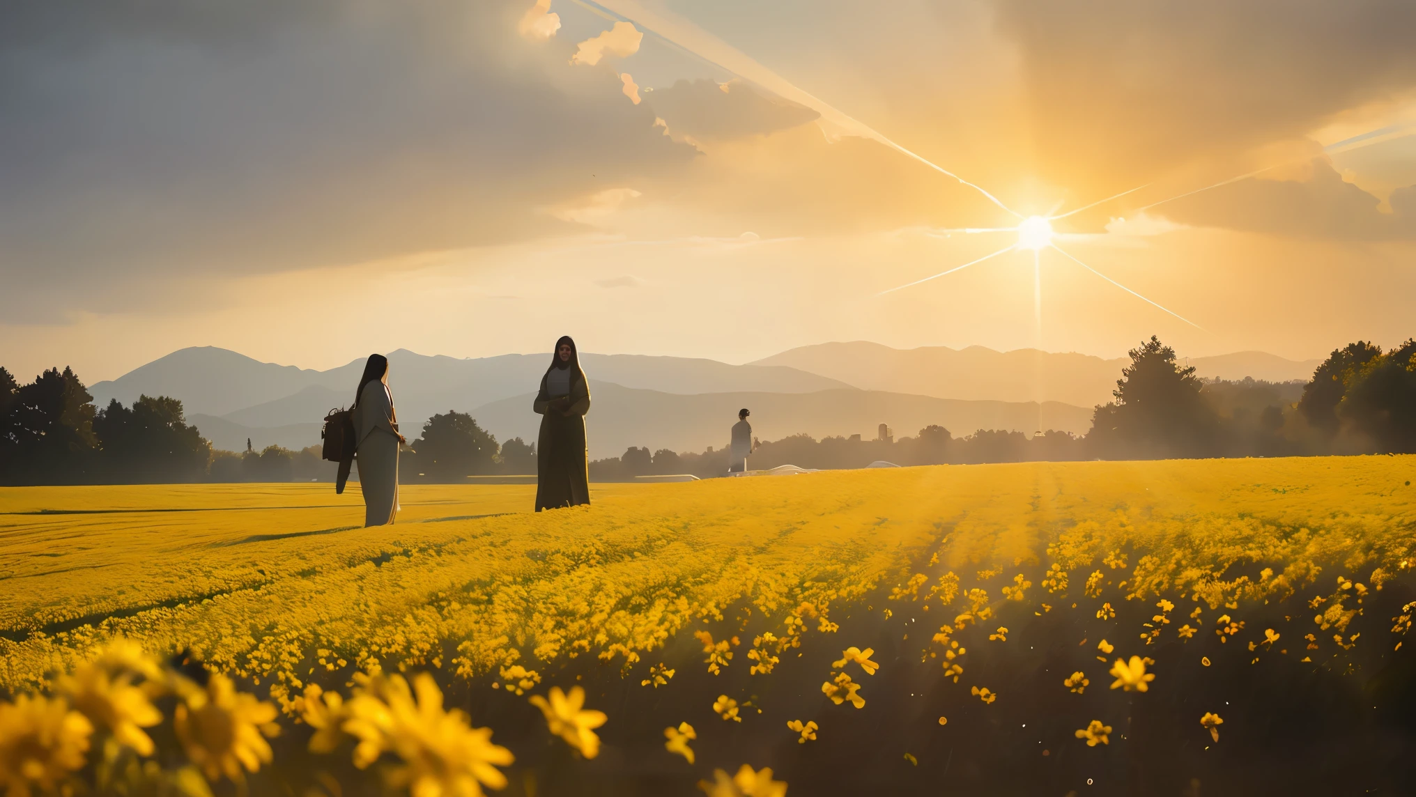 A crowd of people of different backgrounds and ages walk through a flower field towards a figure of Jesus in the distance, who is waiting for them with a welcoming smile. The soft, golden light of the sky creates a sense of peace and fulfillment.