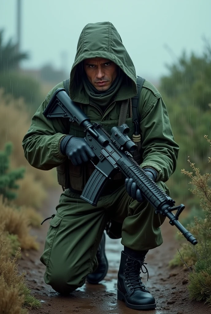 Man with a grasshopper head,Army green army raincoat,Israeli army trousers ,Black combat boots,M16 Weapon,Crouching pose,Typical Palestinian backdrop of bushes and war ruins zone,The atmosphere is dark and cloudy,Heavy rain is clearly visible , very realistic, finest detail, very natural, cinematic, zoom camera, front view 