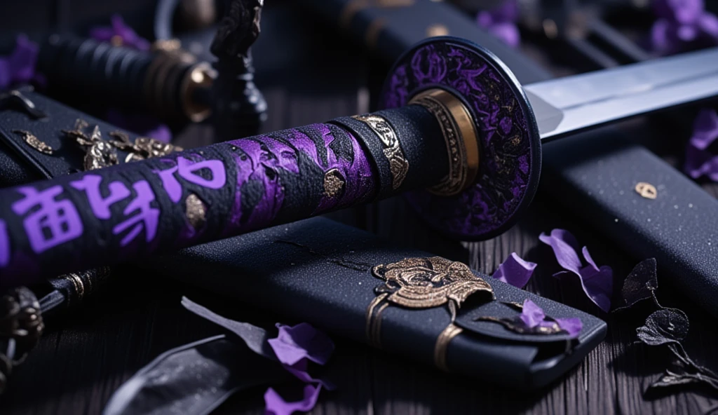 Realistic, theme is "a Japanese sword made of obsidian and a sheath with intricate craftsmanship", an old Japanese sword from the 1700s suited for practical combat, with a black-purple handle, a disc-shaped tsuba with intricate decoration, and an obsidian blade 90cm long, the black blade has a blade pattern and is designed with purple kanji characters for a spell to gain supernatural powers, the sheath is made of expensive material made from tanned animal skin, sophisticated design, advanced lighting technology, and 8K quality live-action photos