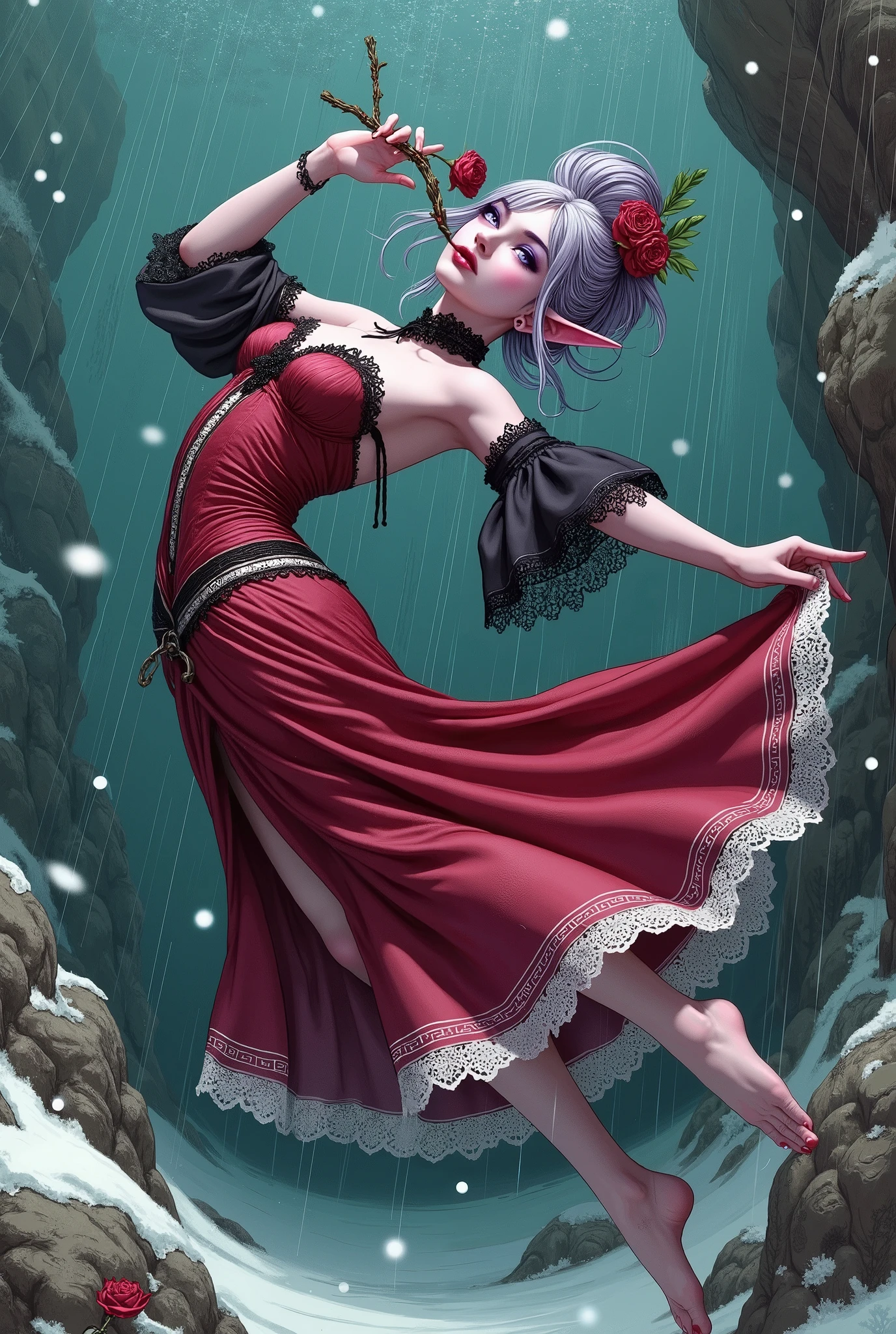 (Ultra-detailed face, Looking away, Fantasy Illustration with Gothic, Ukiyo-e. Dark tone colors.), BREAK 
(At the bottom of the deep sea, where no light reaches, and amidst maritime snowfall, a female dark elf flamenco dancer turns her back, bends her body backward, pinches the skirt over her head, turns her body at an angle, and flips her skirt wide like a flower petal. Her skirt is fluttering and flopping. (Back facing forward:1.4).), BREAK 
(She has an updo, purplish silver hair and eyebrows, lavender eyes, small pink lips, dark, deep purple skin, and dark, thick eyeliner. She holds a branch with a single red rose in her mouth.), BREAK 
(She wears a red rose hair ornament and a flamenco outfit with a white lace fringe at the hem like a crimson mermaid dress with black lace on the sleeves and collar. The upper part of the dress is fitted to the body, while the skirt is long, draped, and voluminous. The hem of the dress has a fringe that looks like a cosmos flower.)