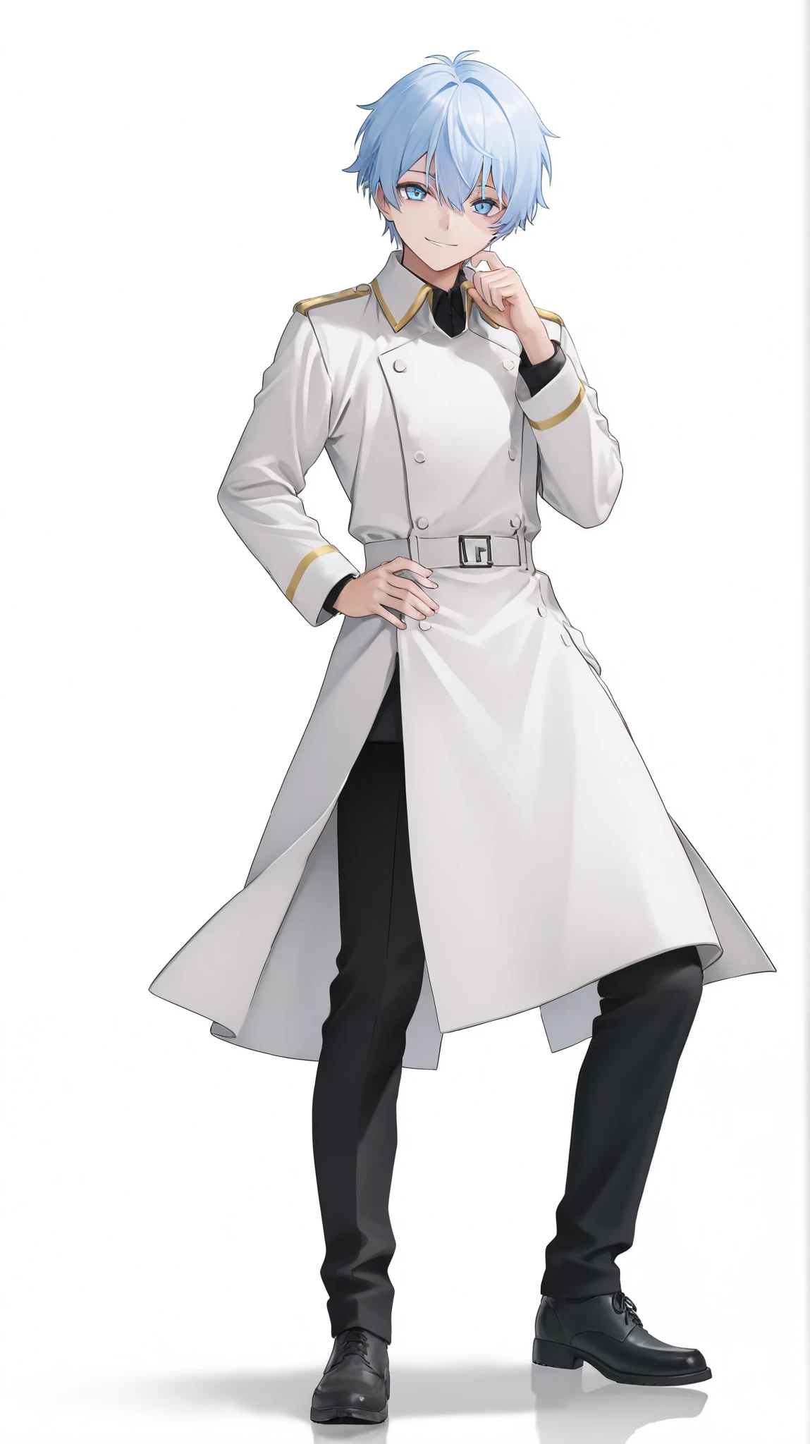 Wearing a white coat　Military doctor　male　Eye color is light blue　smile　Look this way 　 standing picture that can be used for streaming activities　White background　 full body standing picture 