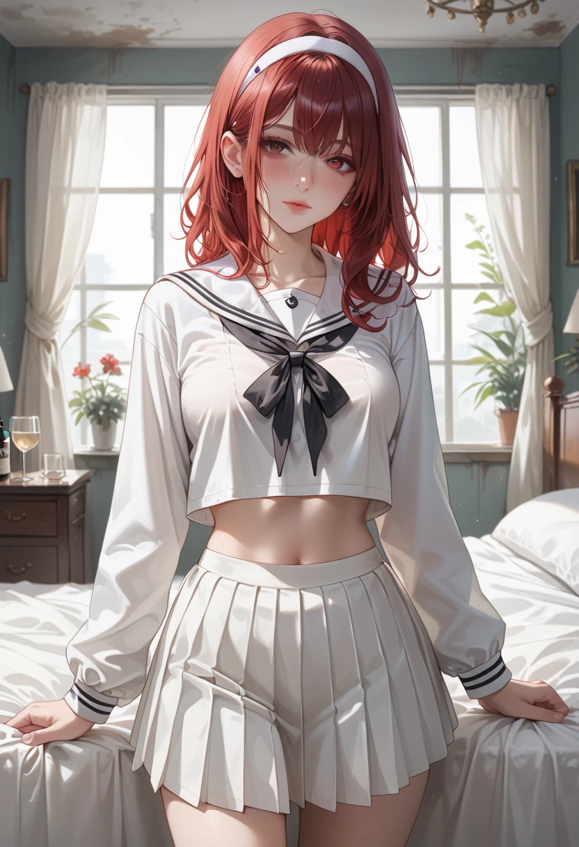  white sailor suit,  Long Sleeve ,  white short pleated skirt,  big black ribbon on chest ,  Abandoned Bedroom, red shoulder length hair,  The girl is wearing a white headband,  Tall Girl , medium breasts, standing, looking at viewer, girl is drunk, girl have red wine in a glass