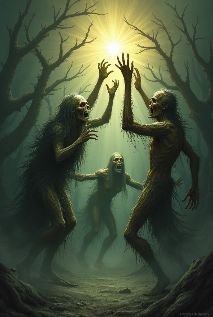 <lora:Gustave Dore Style:1>Gustave Dore Style - detailed gloomy etching in the style of Gustave Dore of a group of 3 strange creatures in the style of Albrecht Durer gathering in the lower part of the image, at the base of a huge underground cave