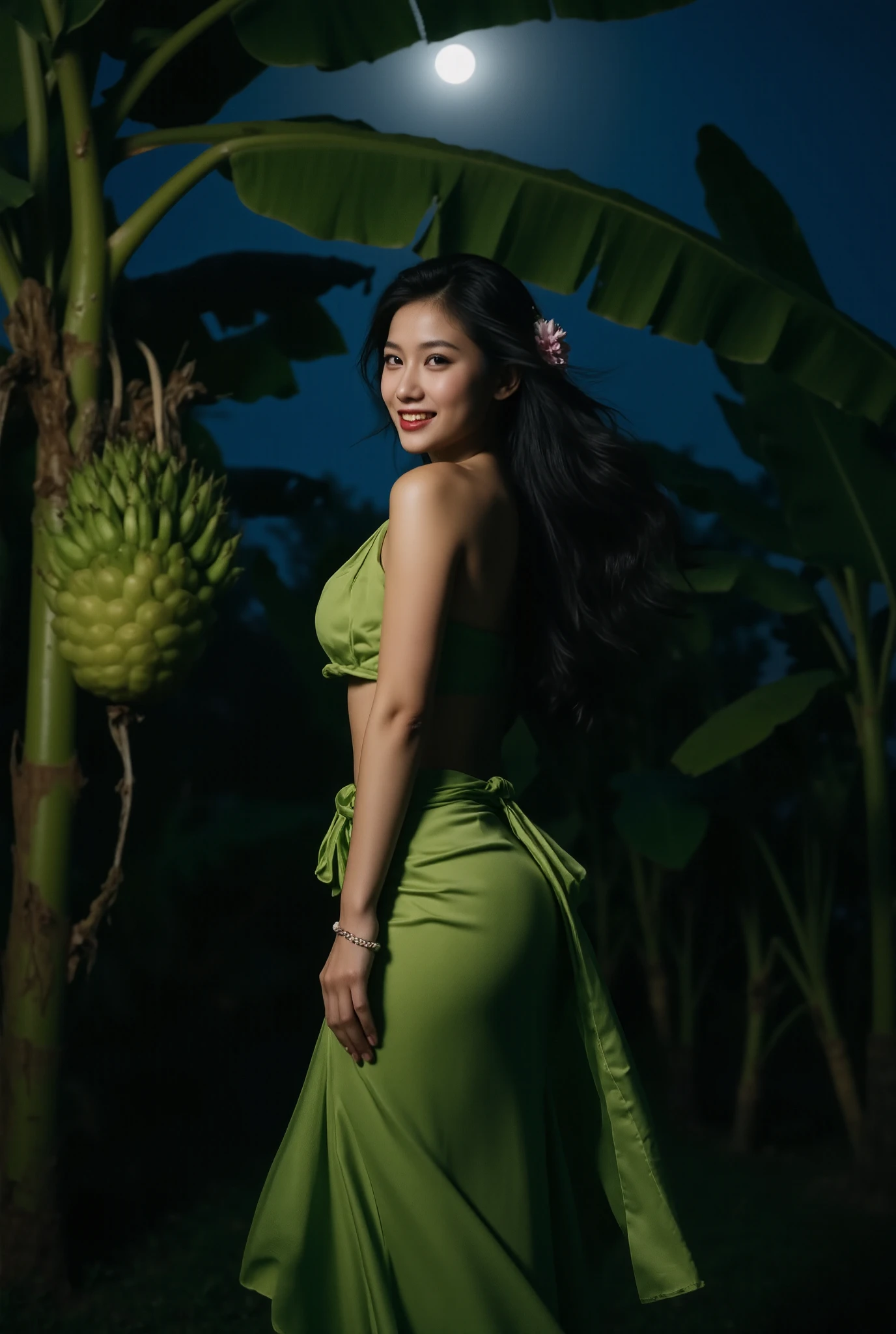 Full body,Portrait of a Thai woman in moonlit banana grove. Slim figure wearing traditional green sabai. Long black hair flows freely with night breeze, adorned with flowers. Eyes glow unnaturally bright, conveying malevolent intent. Surrounding banana trees heavy with fruit clusters. Moonlight catches silk-like sabai fabric and casts shadows through dense foliage. Her sinister grin reveals saliva-stained teeth, contrasting with elegant traditional attire and wooden bead jewelry. Low-angle perspective looking up at her figure against dark sky
