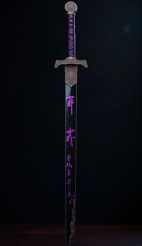 Realistic, theme is "a Japanese sword made of obsidian and a sheath with intricate craftsmanship", an old Japanese sword from the 1700s suited for practical use, with a black-purple handle, a disc-shaped tsuba with intricate decoration, and an obsidian blade 90cm long, the black blade has a blade pattern and is designed with purple kanji characters for a spell to gain the power of fire, the sheath is made of expensive material made from tanned animal skin, sophisticated design, advanced lighting technology, and 8K quality live-action photos