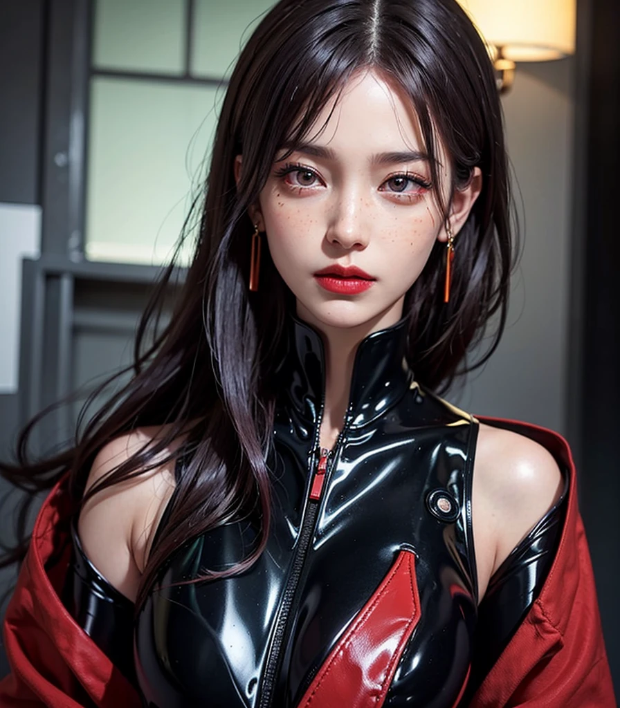 1 robot woman, android woman, 30 years old, Japanese, 4k, robotic joints, realistic, soft skin, texturized skin, long whavy black hair with bangs, purple fade hair, shiny red eyes, red eyeliners, shining red lips, natural makeup, freckles, round gold earings, metal cover, bitting her lip, morning lighting, bright colors, looking directly to the viewer, shoulders up, face focus, portrait.