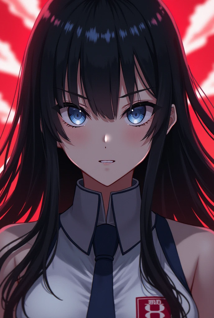 Altria，A girl，Empty laboratory，black eyes,,blue eye shadow,In a hypnotic state，Empty eyes，Circle eyes，Top view perspective，Unify temptation，Office ladies uniform，Black pantyhose，Black long hair，White shirt，Controlled by hypnosis，no pupils，