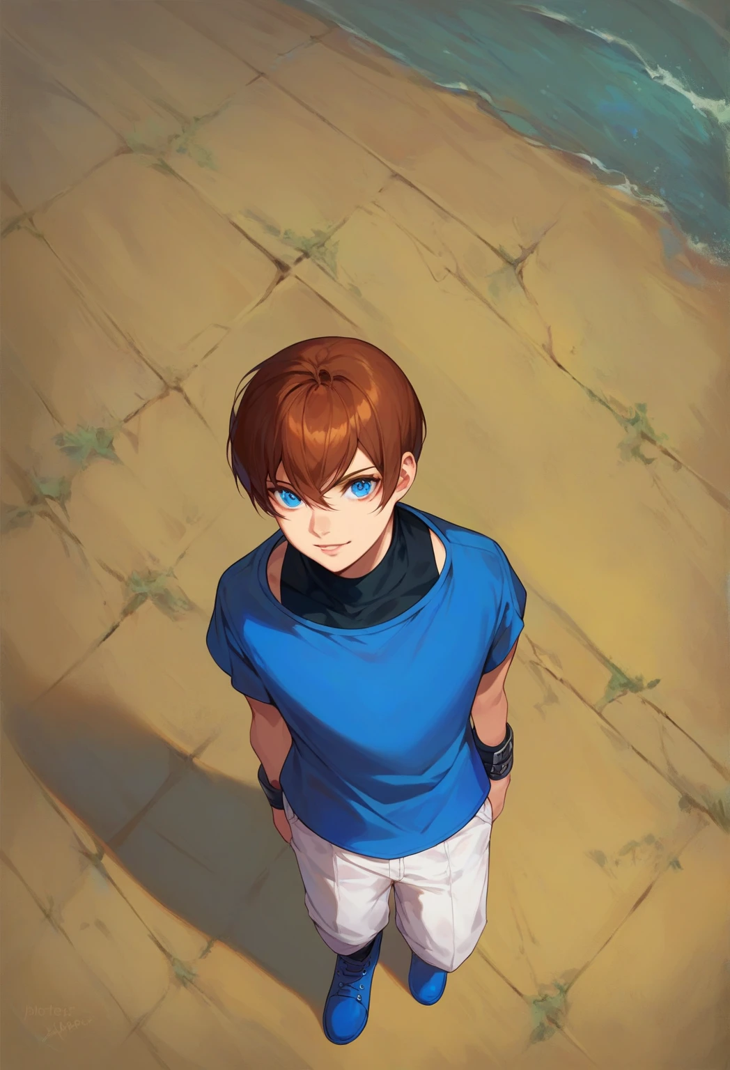  score_9,  score_8_above,  score_7_above,  masterpiece,  best quality, amazing quality, better aesthetics, ,absurdres,beautiful, Cristóbal_KOF,  brown hair , Blue eyes, ,  sleeveless turtleneck sweater,  short blue blouse ,  white pants, blue boots, black bracelet , collar,  belt,  black socks, Alone