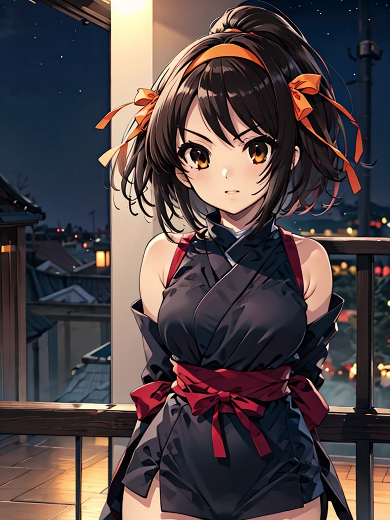 1girl, haruhisuzumiya, brown eyes, brown hair, medium hair, hair ribbon, arms behind back, hairband, suzumiya haruhi, ninja, mask, armor, ninja_clothes, night