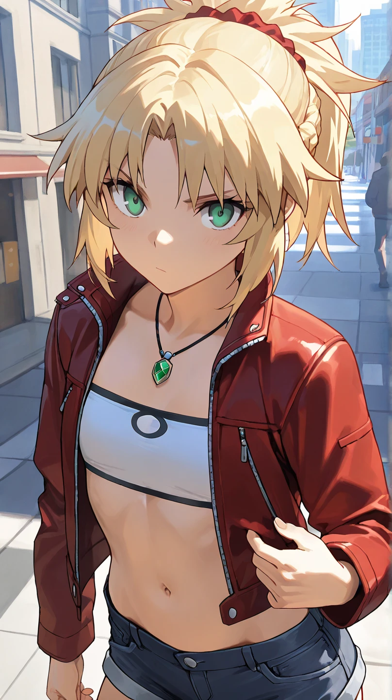 fgomordred
High quality ,  top quality , masterpiece,  high res, detailed face , anatomically correct , 
In the city,
 green eyes,Blonde,  ponytail,  short hair, scrunchie,  red scrunchy ,  Hair Scrunchy,  flat chest,Slightly toned body
short denim, デニム  shorts,  jacket, gem, midriff, belly button,  necklace, red  jacket, short  shorts,  shorts,  tube top , white top,solo,  1 girl,  from your hand and direct your gaze,  close-up,The face is facing directly in front of the viewer