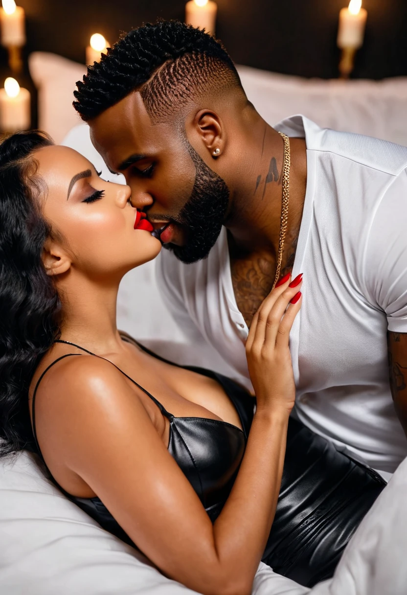 Trevante Rhodes and Kylie Jenner share a steamy kiss inside a bedroom lit only by candlelight. Kylie has lovely makeup on her face. Nighttime. Romantic ambiance. Symmetrical eyes. Symmetrical faces. Lovely details. Photorealistic. Full-colored photo. Professional photo. Highly detailed 8K.