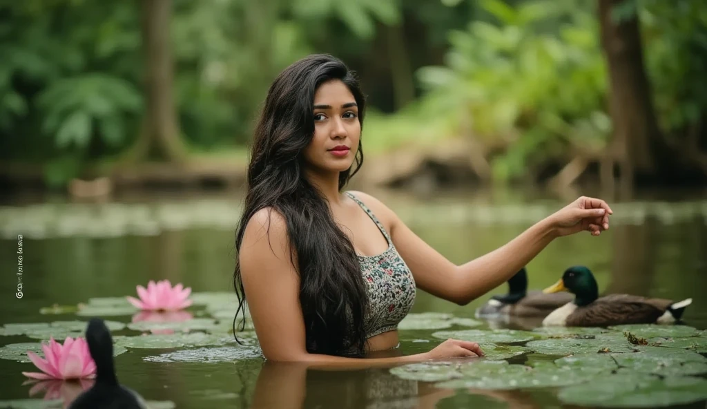 Indian busty woman emerging gracefully from a serene forest pond filled with blooming lotus flowers and a few ducks swimming nearby. The woman's body and wet hair glisten as she runs her hands through her hair, droplets of water catching the soft, natural light. Her confident gaze is directed at the viewer, creating a striking connection. The pond reflects the ambient light filtered through the lush forest canopy, with vivid greenery and natural textures enhancing the tranquil atmosphere. The magazine title, 'Ai_indie,' is prominently placed in a modern, minimalistic font to complement the ethereal artwork