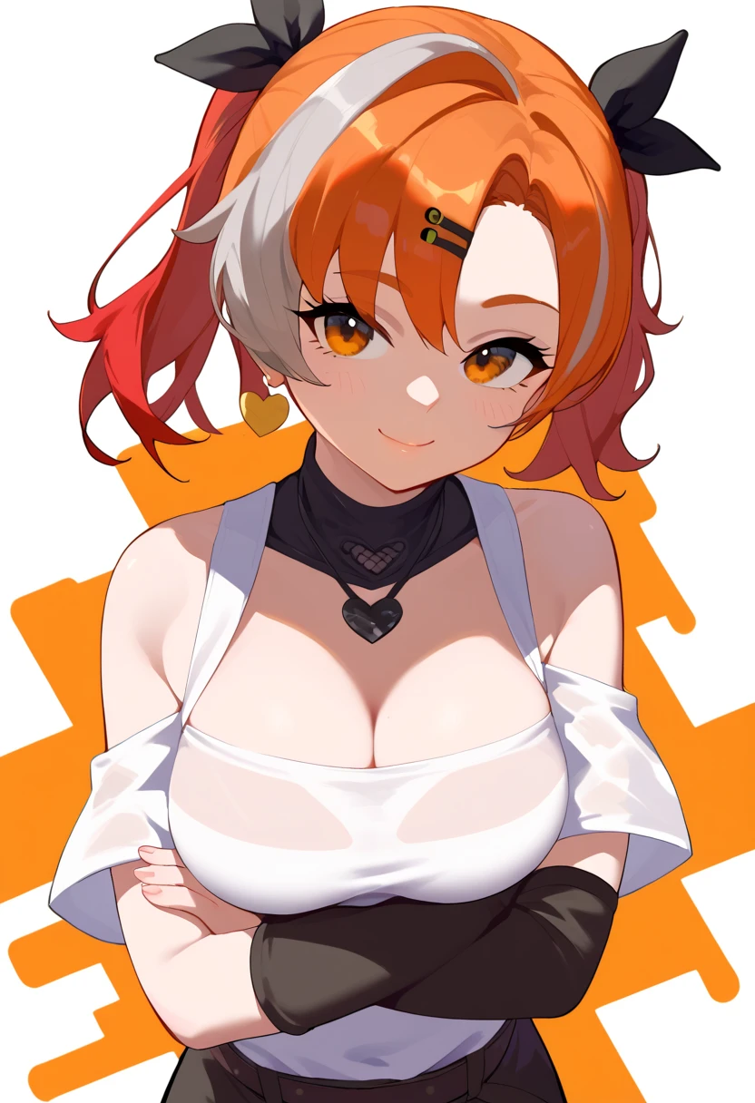 ((masterpiece)),((Highest quality)),High resolution,Perfect lighting,dusty(coming), One woman, chest, alone, Orange eyes, View your viewers, Exposing shoulders,White Dress,大きなchest, Redhead, Striped Hair, Gray Hair, Captivating smile, from the front, Cowboy Shot, Arms crossed,