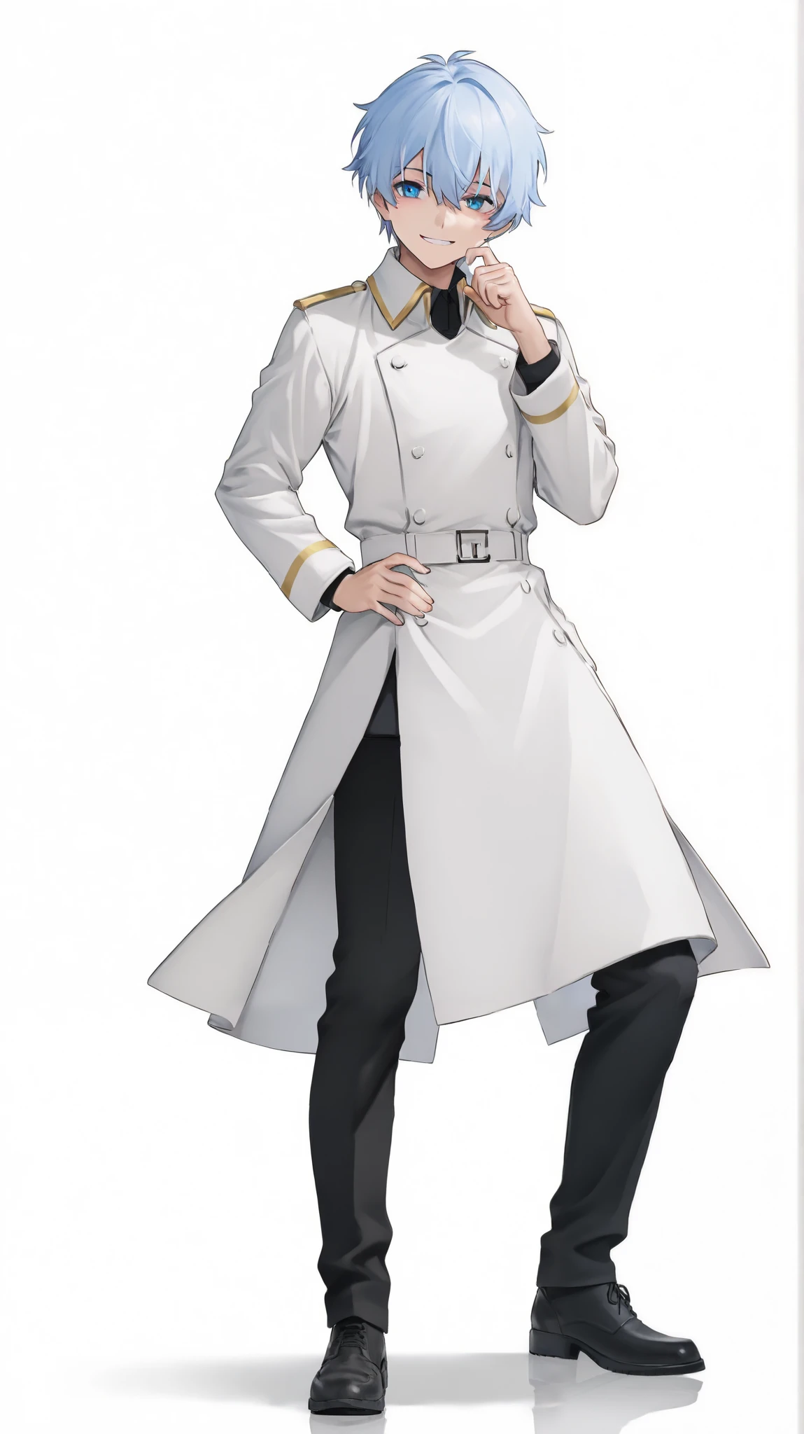 Wearing a white coat　Military doctor　male　Eye color is light blue　A smile on his face　Look this way 　 standing picture that can be used for streaming activities　White background　 full body standing picture 