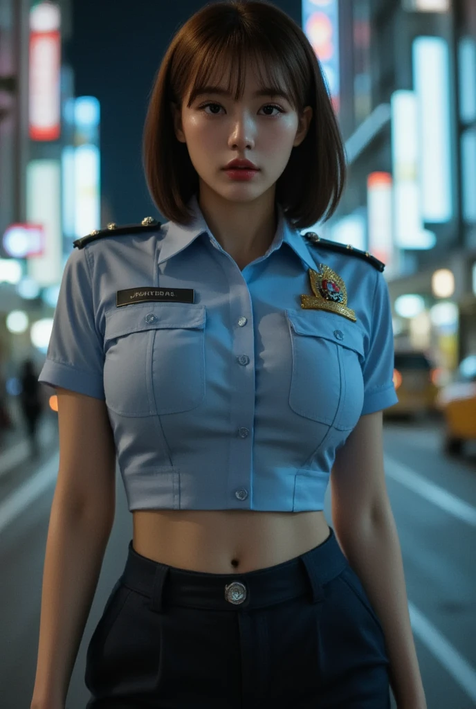 high resolution, 1women, solo, hips up, (detailed face), night city, night ambience , night city lights, super sexy Minimalist police unbuttoned uniform, showing breasts, nipples , mini shirt and short skirt, dark blonde hair, sexy police woman look, bright face