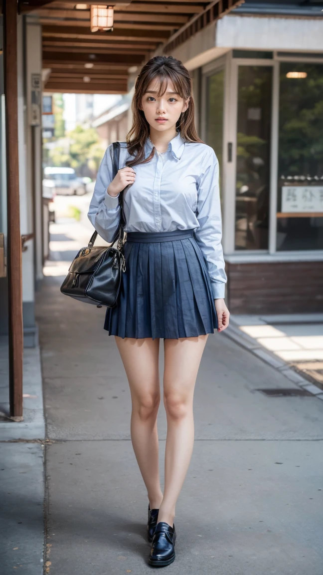 a beautiful 18 year old Japanese high school girl with perfect anatomy, healthy thighs, beautiful legs, beautiful skin, random hair color and style, large breasts, (wearing a Japanese schoolgirl uniform:1.3), (she is standing:1.2), penny loafers, holding a student bag, full body shot, standing on a city street, (best quality,4k,8k,highres,masterpiece:1.3),(extremely detailed:1.2), photorealistic, ultra-detailed, vivid colors, studio lighting, professional, Ai Shinozaki