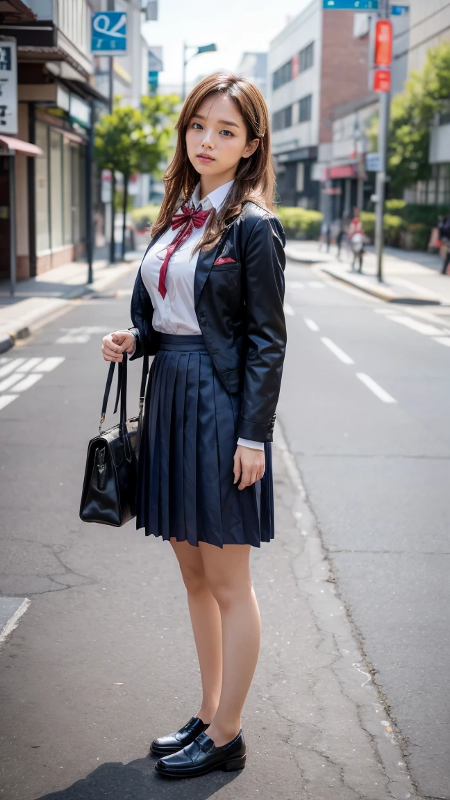 a beautiful 18 year old Japanese high school girl with perfect anatomy, healthy thighs, beautiful legs, beautiful skin, random hair color and style, large breasts, (wearing a Japanese schoolgirl uniform:1.3), (she is standing:1.2), penny loafers, holding a student bag, full body shot, standing on a city street, (best quality,4k,8k,highres,masterpiece:1.3),(extremely detailed:1.2), photorealistic, ultra-detailed, vivid colors, studio lighting, professional, Ai Shinozaki