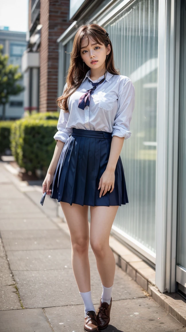 a beautiful 18 year old Japanese high school girl with perfect anatomy, healthy thighs, beautiful legs, beautiful skin, random hair color and style, large breasts, (wearing a Japanese schoolgirl uniform:1.3), (she is standing:1.2), penny loafers, holding a student bag, full body shot, standing on a city street, (best quality,4k,8k,highres,masterpiece:1.3),(extremely detailed:1.2), photorealistic, ultra-detailed, vivid colors, studio lighting, professional, Ai Shinozaki