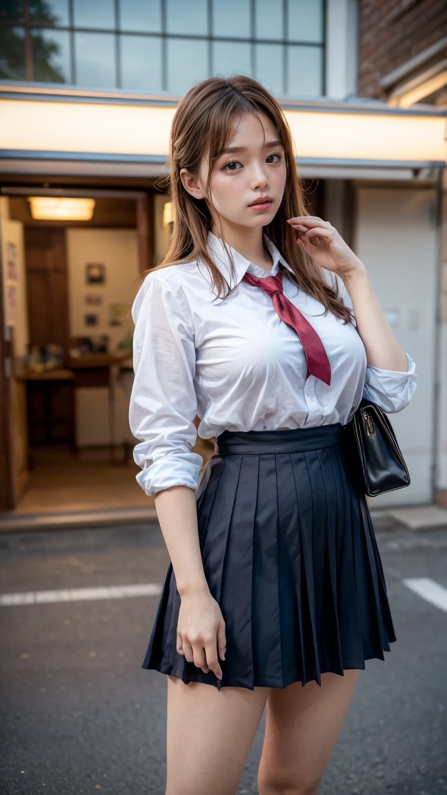 a beautiful 18 year old Japanese high school girl with perfect anatomy, healthy thighs, beautiful legs, beautiful skin, random hair color and style, large breasts, (wearing a Japanese schoolgirl uniform:1.3), (she is standing:1.2), penny loafers, holding a student bag, full body shot, standing on a city street, (best quality,4k,8k,highres,masterpiece:1.3),(extremely detailed:1.2), photorealistic, ultra-detailed, vivid colors, studio lighting, professional, Ai Shinozaki