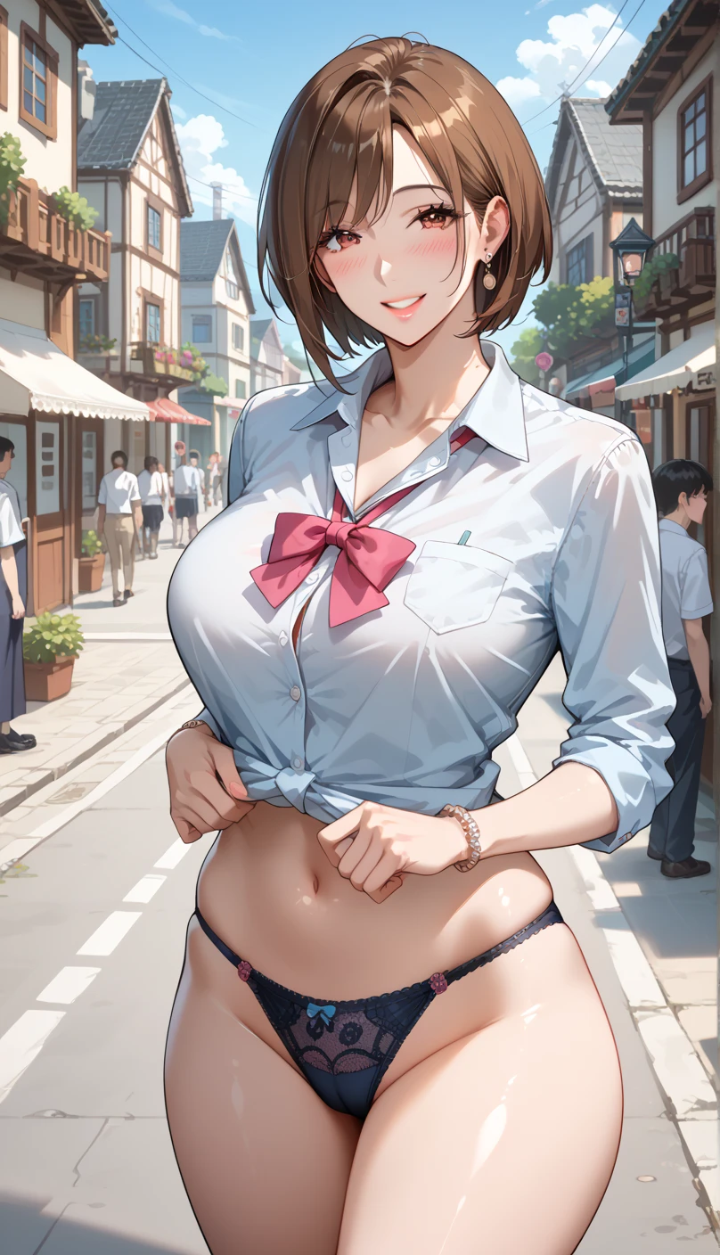 small breasted woman's clothes ripped off in public, big thighs, blushing, embarrassed, naked