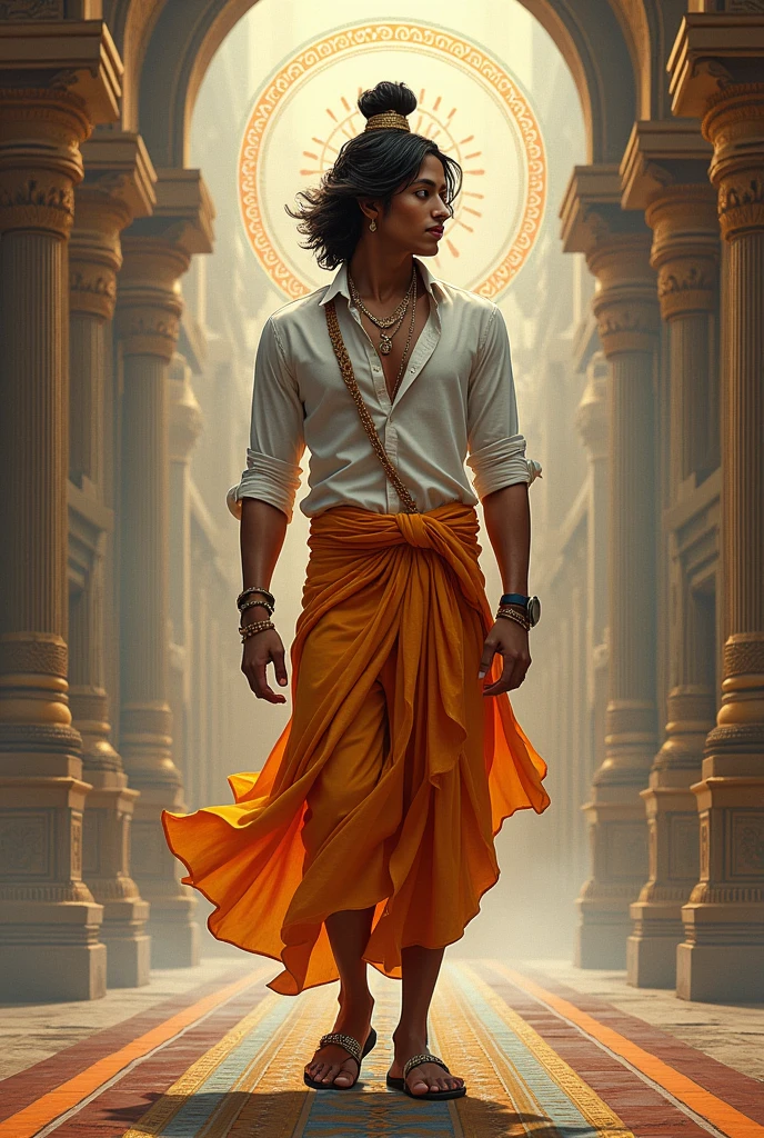 One [night], a [ indian young man], with [full clothes on], in [indian attire], amidst [scary], [thriller], [horror] background, decided to uncover the truth As he ventured into the[castle] he felt a [cold breeze] and heard the soft whisper of the [Chudail] "
